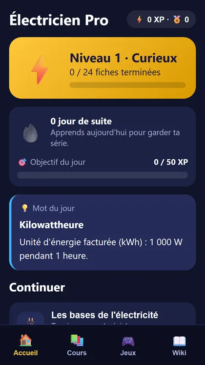 Écran d'accueil de Électricien Pro