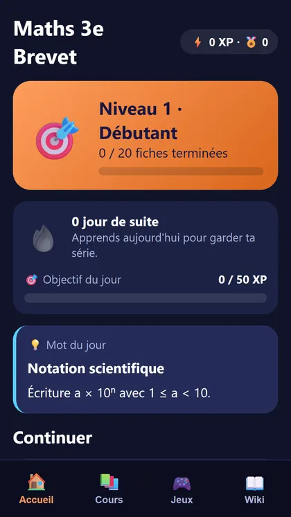 Écran d'accueil de Maths 3e Brevet